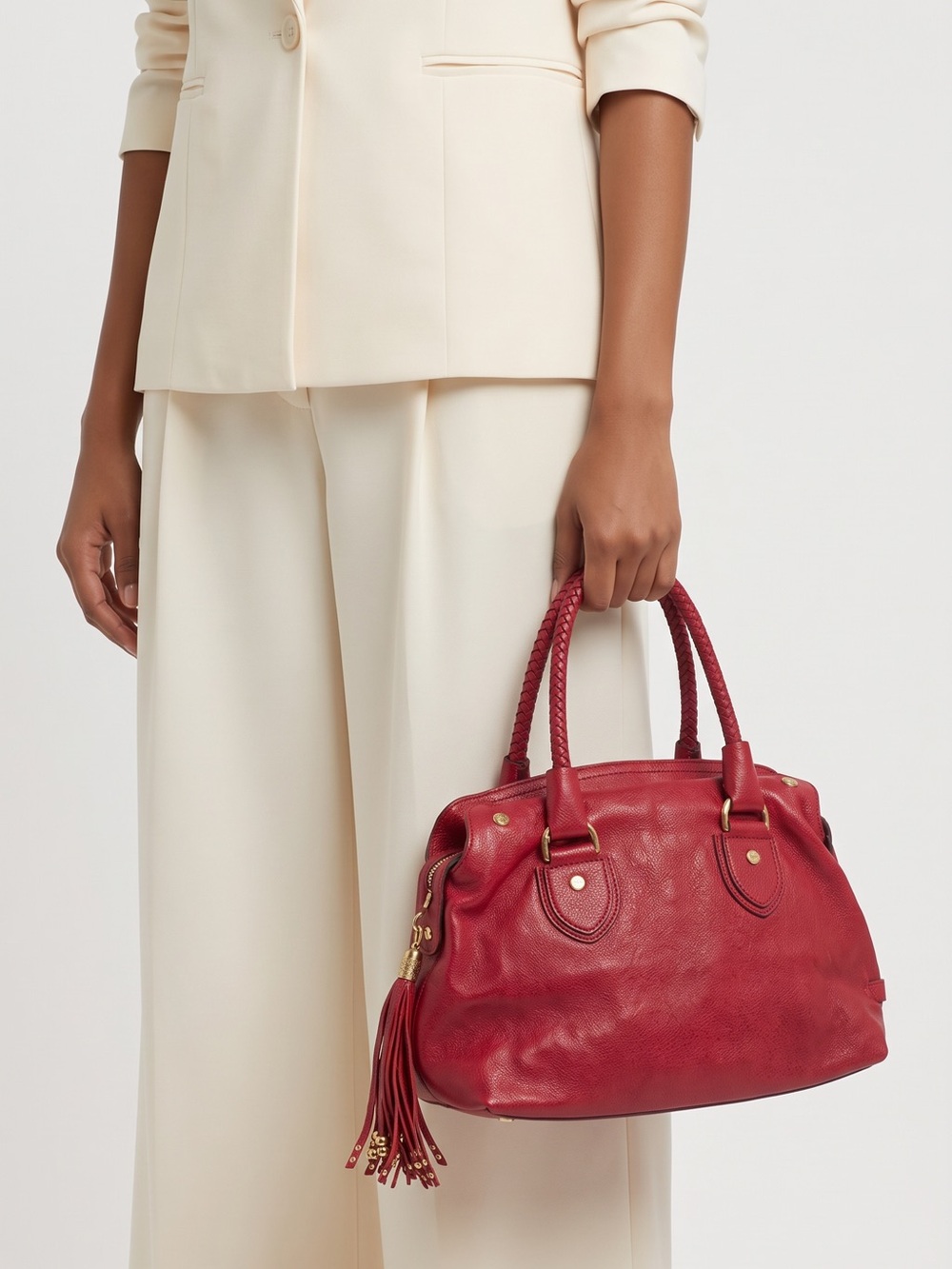 Cole Haan Red Braided-Handle Satchel with Tassel
